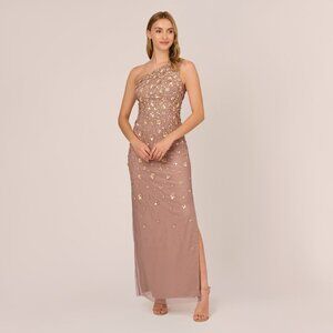 Adrianna Papell 3D Floral Hand-Beaded One-Shoulder Long Column Gown In Stone Siz